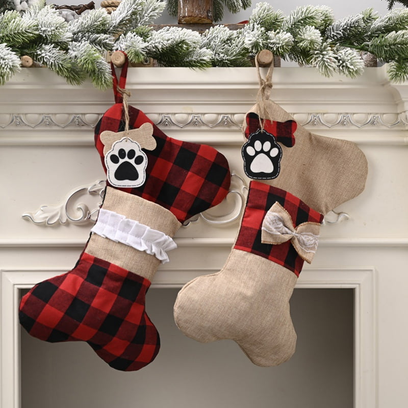 Senneny Pet Dog Christmas Stockings Classic Buffalo Black White Plaid Large Bone Shape Hanging Christmas Stocking for Dogs Pets