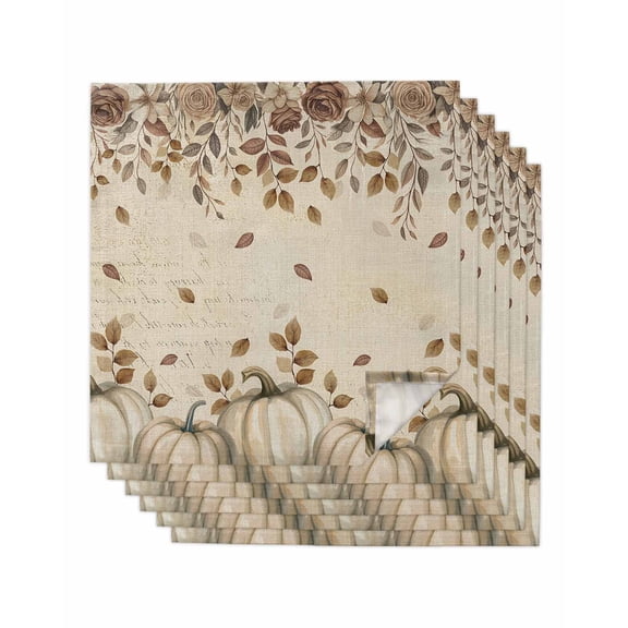 Beige Pumpkin Fall Cloth Napkins Set of 6 Reusable Dinner Napkins, Thanksgiving Roses Eucalyptus Vintage Cocktail Napkin Washable Table Napkins for Wedding/Holiday Party/Baby Shower 20"x20"