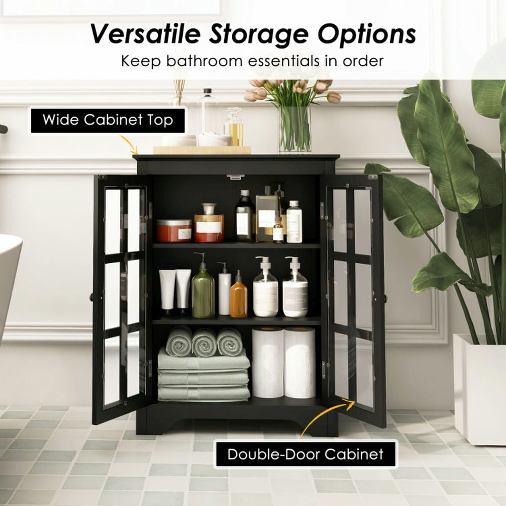 Finihen Storage Cabinet, Floor Cabinet, Freestanding Display Storage Cabinet with 2 Glass Doors and Adjustable Shelves, for Bathroom, Living Room, Bedroom, Kitchen, Black
