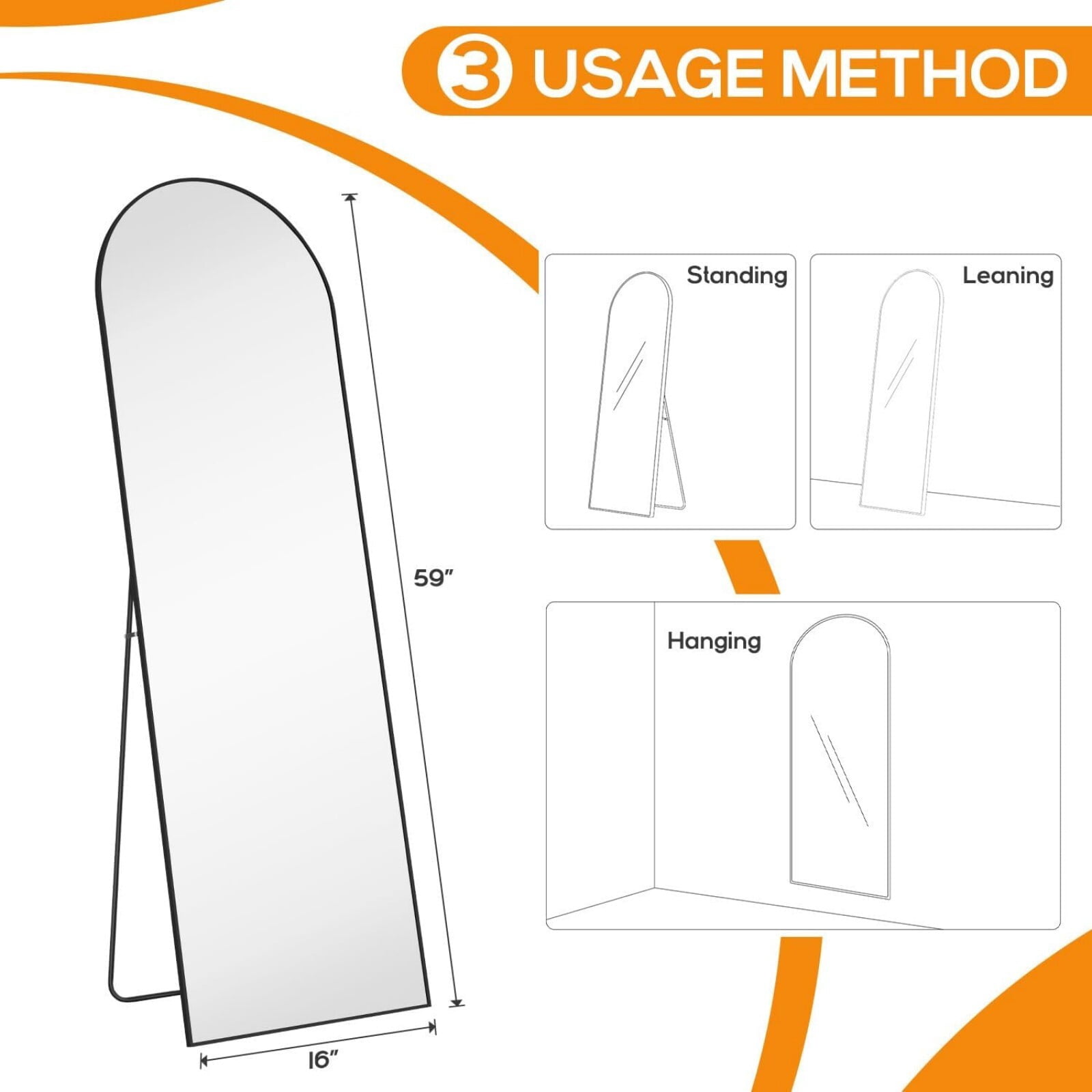Gleamira 59"x16" Arch Full Length Mirror Floor Mirror Free Standing Mirror with Metal Frame, Black