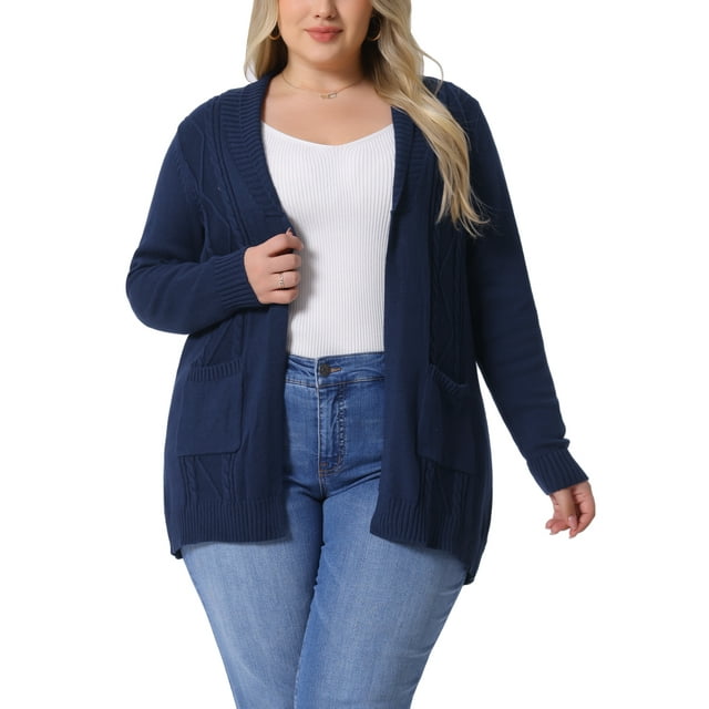 GRACE & GRANDEUR Suéter de manga larga abierto para mujer en tallas grandes, cárdigan de longitud media 2X azul oscuro
