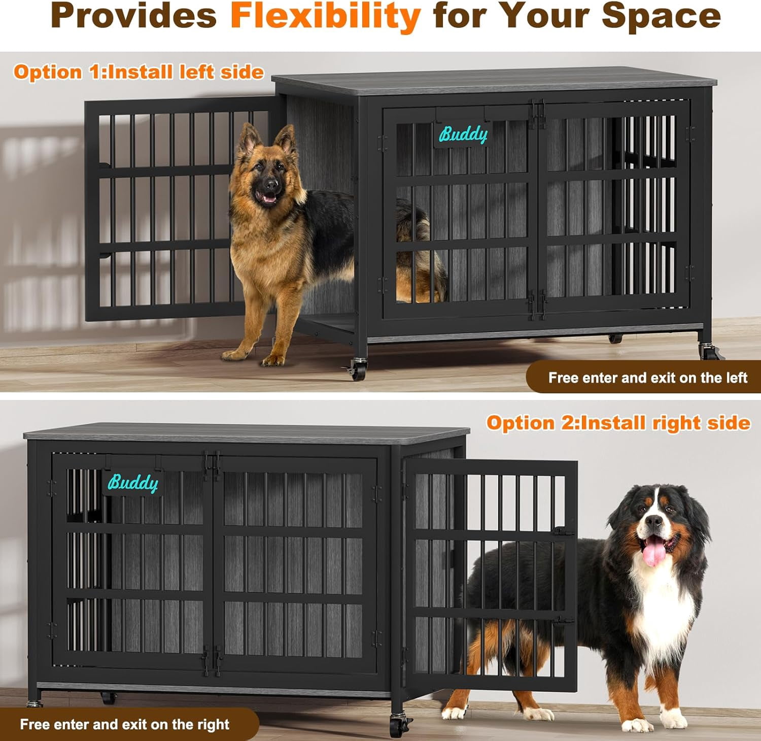 POAO 48"Dog Crate Furniture with Name Tag, Heavy Duty Dog Kennel Indoor for Large Dog, Escape-Proof &Chew-Proof Dog Cage for High Anxiety Dog