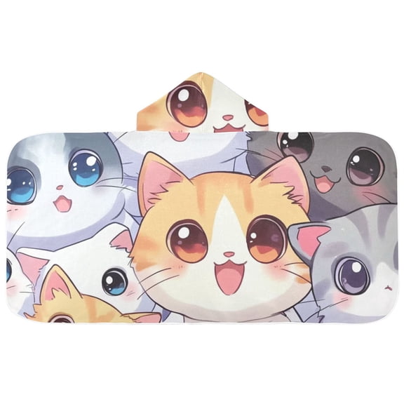Cartoon Cute Cats Hooded Beach Towel Kids Bath Towels Quick Dry for Pool Swiming 50" x 23.5" Microfiber Soft Bathrobe