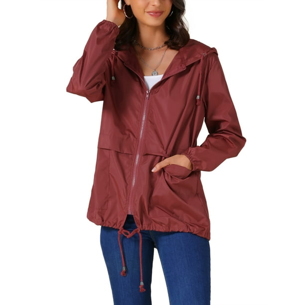 Inspire Chic Chaquetas de Lluvia para Mujeres Impermeables con Capucha, Chaquetas Ligeras de Lluvia, Abrigo Cortaviento con Bolsillos para Exterior 2XL Rojo Vino