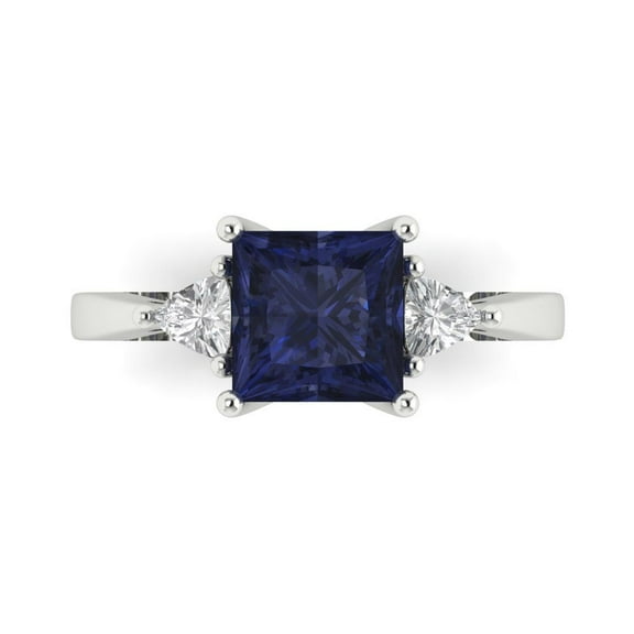Three-Stone Engagement Ring for Women - 2.32ct Simulated Blue Sapphire in 18K White Gold Promise Ring
