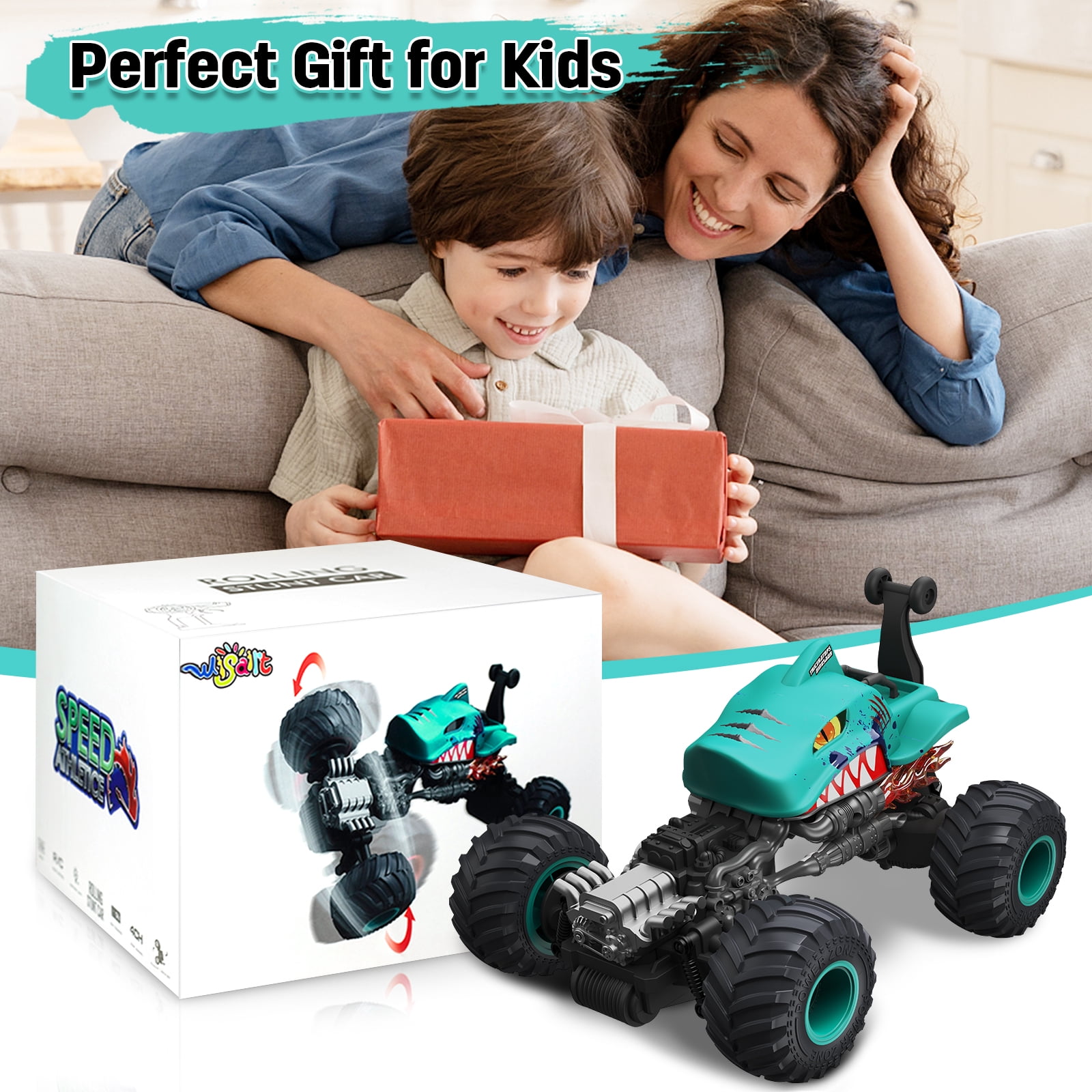 Wisairt Remote Control Monster Truck,1:14 4WD Remote Control Toys 360 Degrees Rotation Shark RC Car for Kids Boys Girls Age 5-12 Birthday Gifts(Blue)