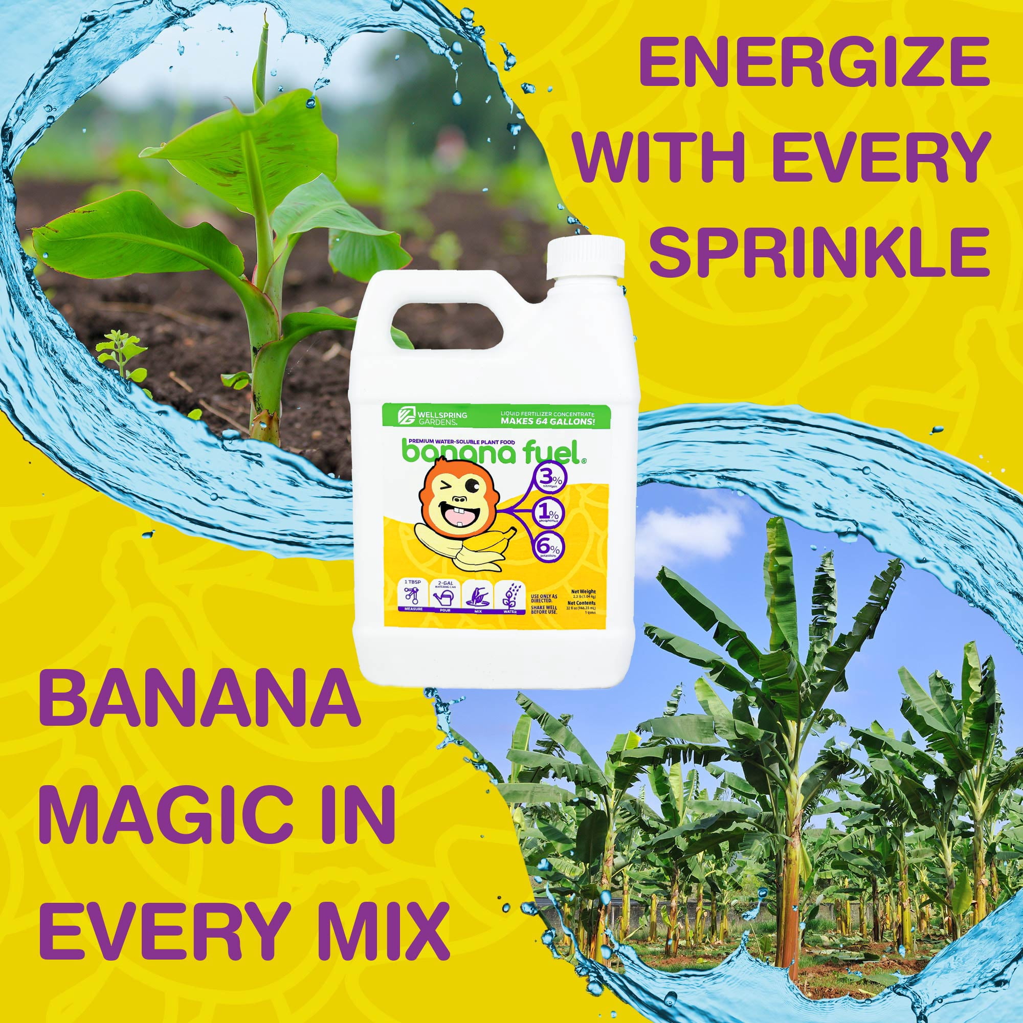 Banana Fuel Liquid Fertilizer by Wellspring Gardens - Plant Fertilizer Concentrate - Plant Food - Formula for Banana Trees & Plants - Grow Healthy and Happy Plants - 32 fl oz