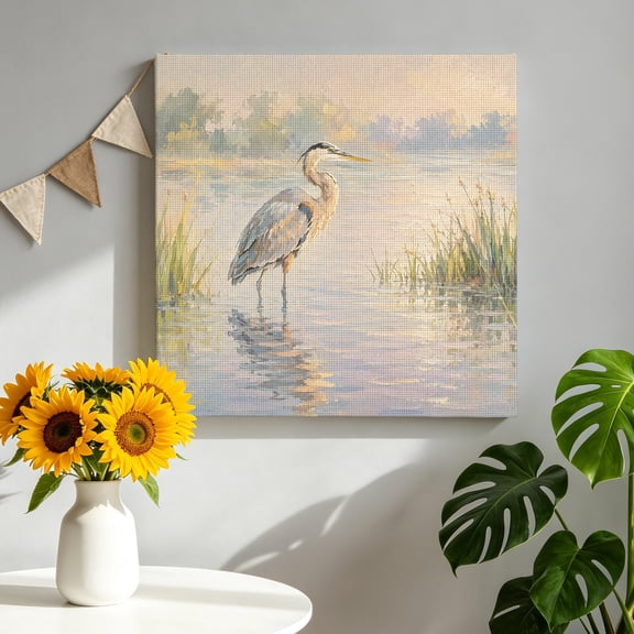 Canvas Wall Art Gray Heron Canvas Art Print Coastal Rustic Reed Water Reflection Misty Serene Pictures Wall Decor for Living Room Bedroom Artwork Decorations Stretched Framed Ready to Hang 12"x12"
