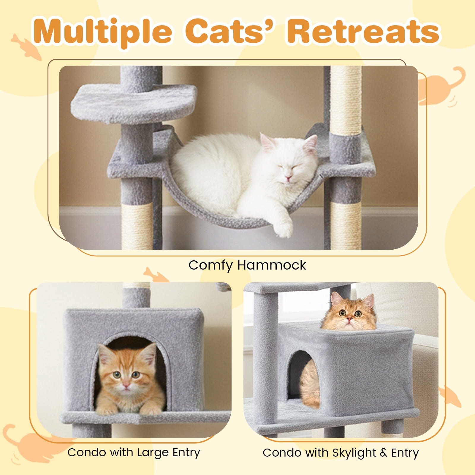 Costway 70” Cat Tree for Indoor Cats with Padded Top Perch, Dual Condos, Hammock, Platforms Light Gray