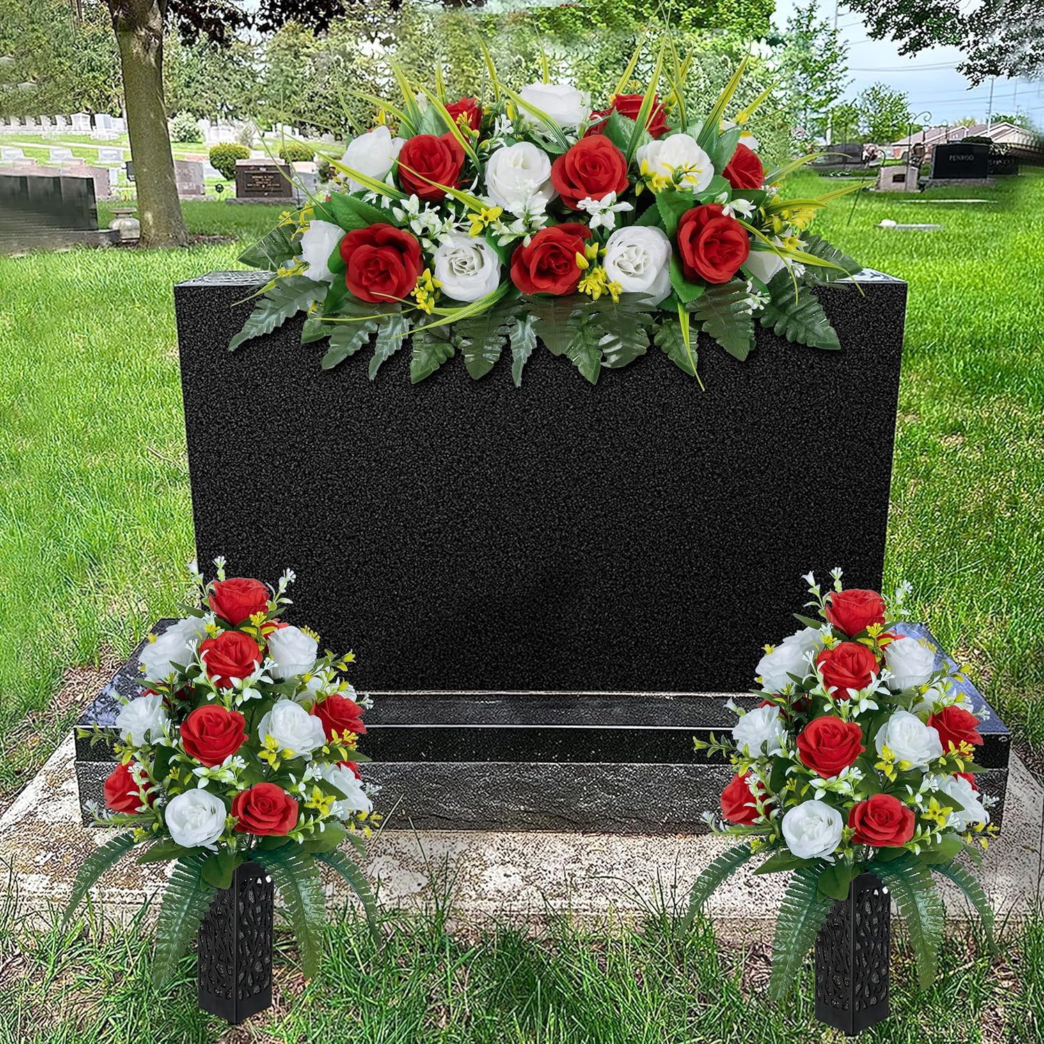 Artificial Cemetery Flowers， Outdoor Grave Decorations Roses，Accompanied by 2 Long Nail Vases，Lasting and Non-Bleed Colors (18 Heads (red, Blue, White))