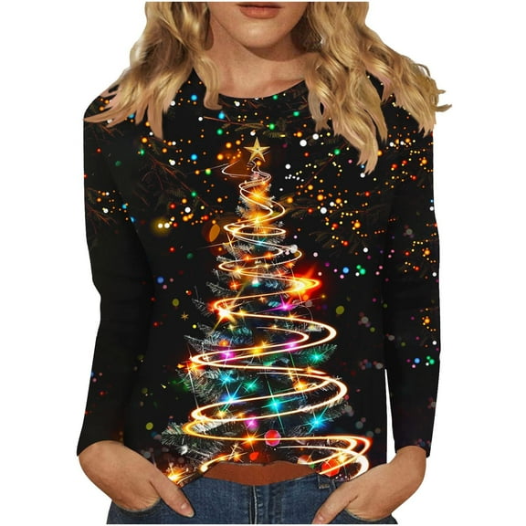 asdoklhq Christmas Pullover Sweaters for Women Ladies' Casual Printed Casual Pullover Classic Long Sleeved Round Neck Top Red S