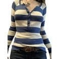 thumbnail image 2 of Gureui Women's Long Sleeve Knitted Tops Stripes Casual Contrast Color 1/2 Button Crew Neck Slim Fit Pullover Basic T-Shirts for Spring Autumn, 2 of 5