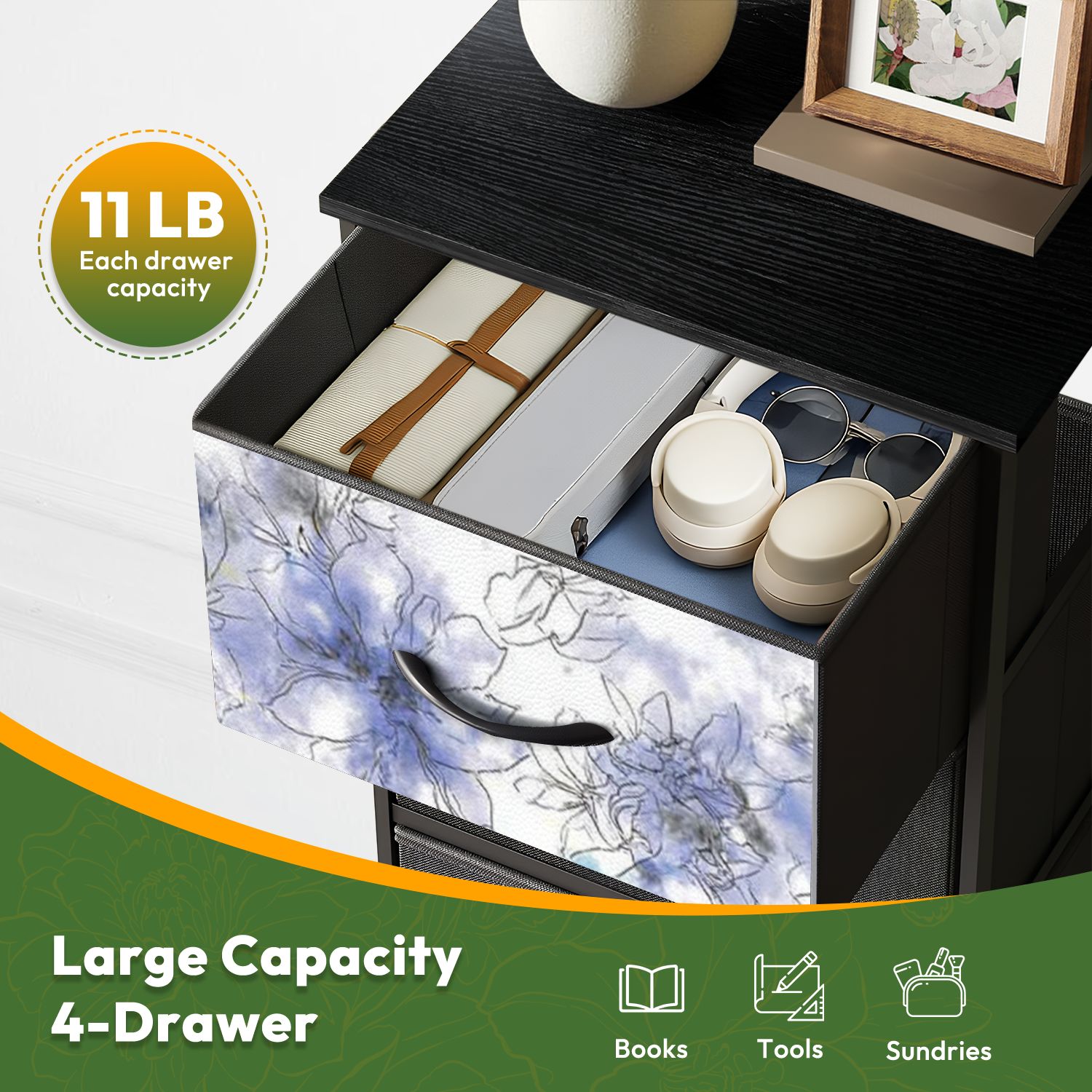 4 Drawer Vertical Storage Dresser Watercolor ballerina art Splash paint Watercolor blue with Wood Top Fabric Pull Drawers