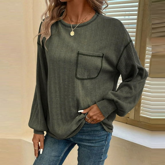 qolati Long Sleeve Shirts for Women Oversized Casual Solid Crewneck Knitted Sweatshirt 2024 Fall Loose Fit Pullover Shirts Tops