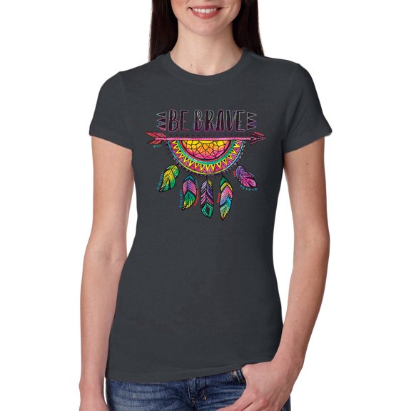 Colorful Neon Be Brave Dreamcatcher | Dean Russo Art Pop Culture Womens Slim Fit Junior Tee, Dark Grey, Large