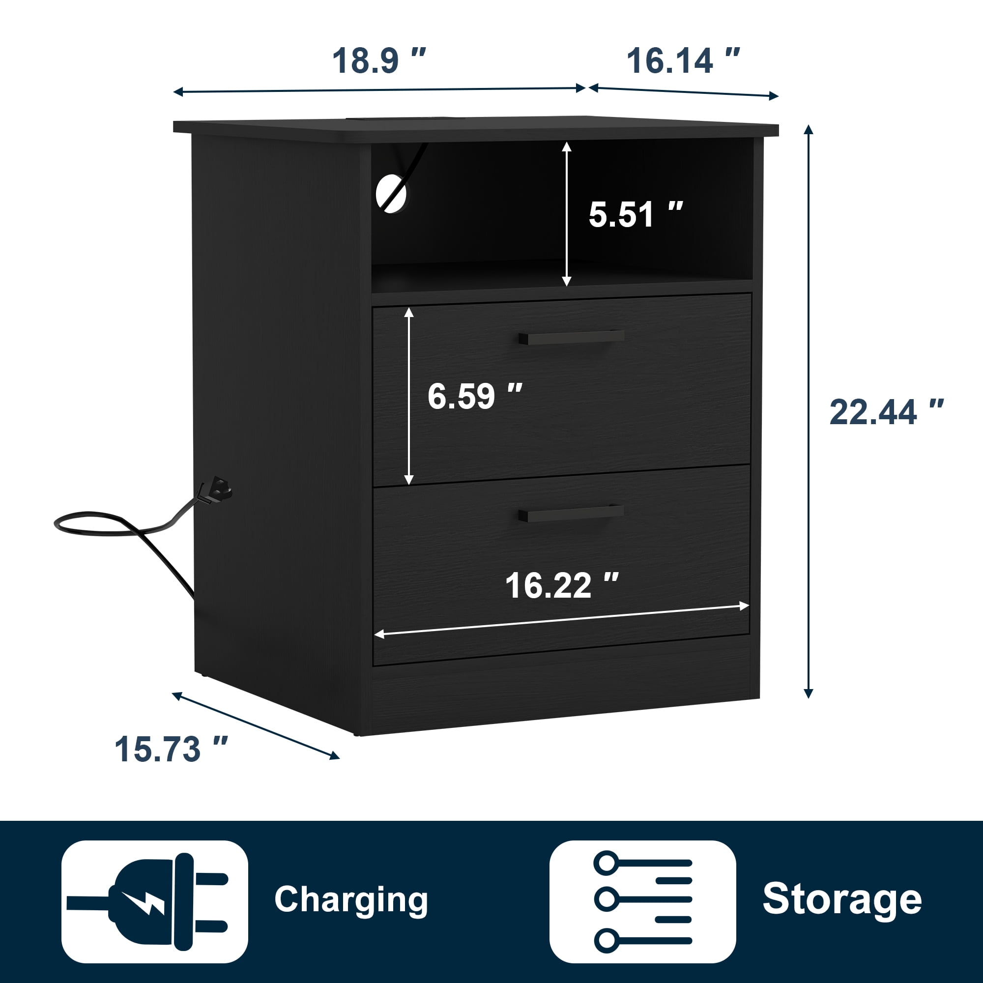 Demi Bonn 18" Side Table with Fast Charging Station USB C Cable Fast Charging, End Table Nightstand with Drawer and Shelf for Bedroom, Living Room, Black