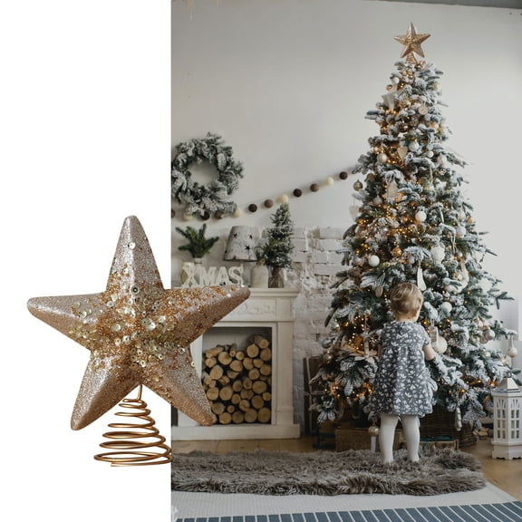 Metallic Beaded Christmas Tree Topper, 6 Inch 3D Five-Pointed Star with Glitter Finish - Rustproof Metal & Plastic Holiday Decor Rose Gold