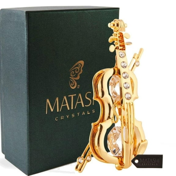 Matashi 24K Gold Plated Crystal Studded Violin and Bow Ornament, Valentine’s Day Gift for Her, Elegant Tabletop Home Decor
