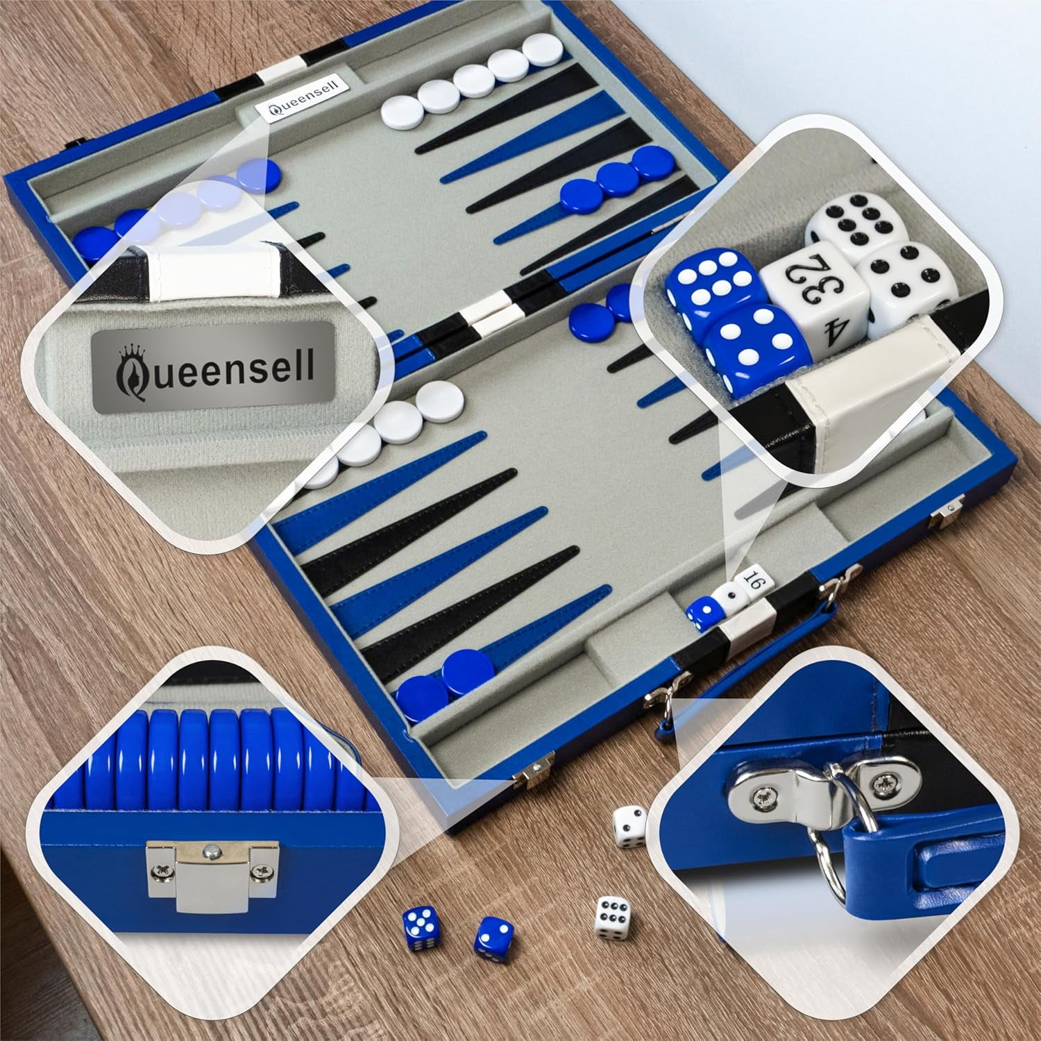 Queensell Backgammon Board Game Set – 15 inch Blue PU Leather for Adults