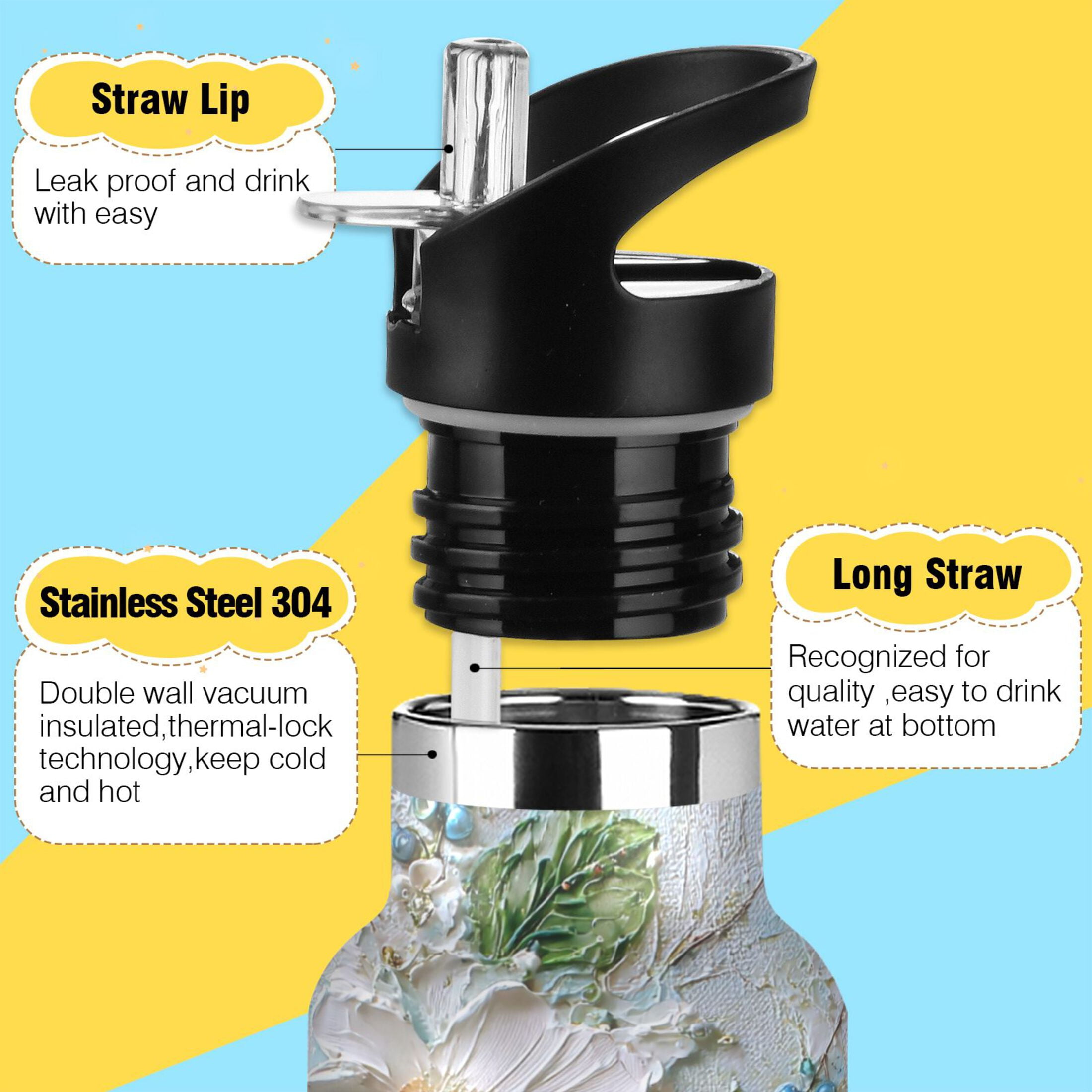 600ML Stainless Steel Insulated Cup Sports Water Bottle Portable Thermos Cup Water Glasses Insulated Tumblers Convenient and Durable White Flowers