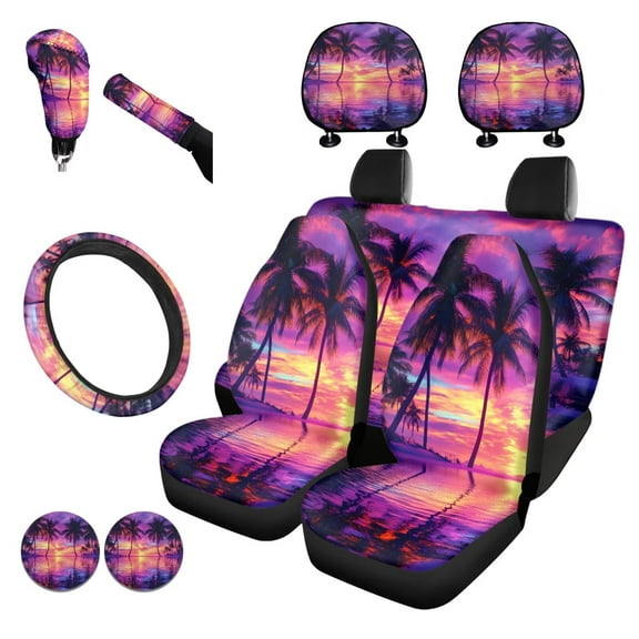 Garronmavis Sunset Palm Tree Car Seat Covers Full Set Easy Installation for Steering Wheel Wrap Gear Shift Cover Handbrake Sleeve Headrest Protectors Cup Coasters Universal for Sedan Van Truck