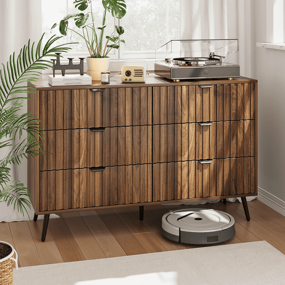 Smart FENDEE 6 Double Drawer Dresser for Bedroom Chest of Drawer, Storage Cabinet, Walnut