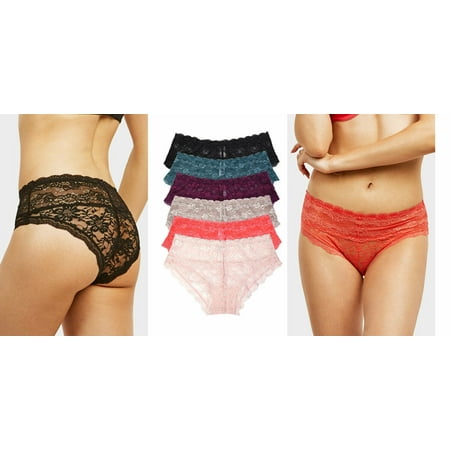 6 Pack of Women Hipster Panties Duel Floral Stretch Lace Mid Rise Boyshorts Bikini