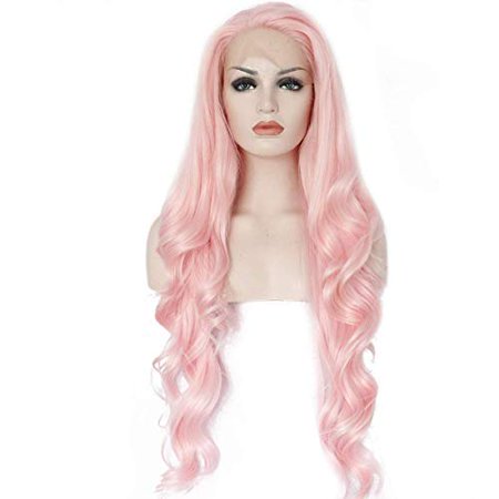 Ebingoo Natural Long Wave Pink Synthetic Front Lace Wig For