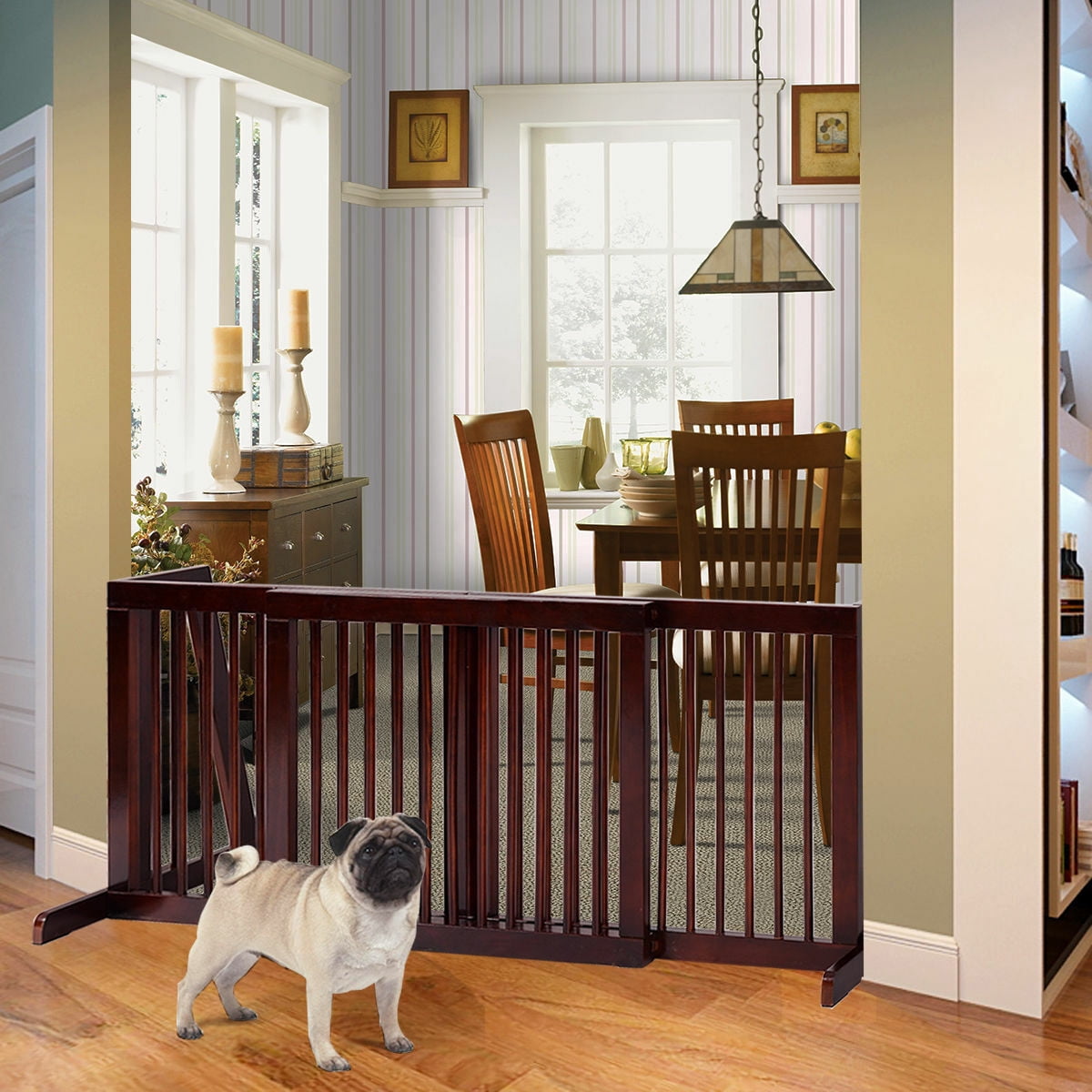 Gymax Folding Adjustable 3 Panel Wood Pet Dog Slide Gate Safety Fence
