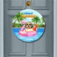 thumbnail image 2 of Hello Summer Old English Sheepdog at Swimming Pool Flamingo Swim Ring Round Wood Sign Dog Lover Hanging Wall Home Decor - 12009, 2 of 5