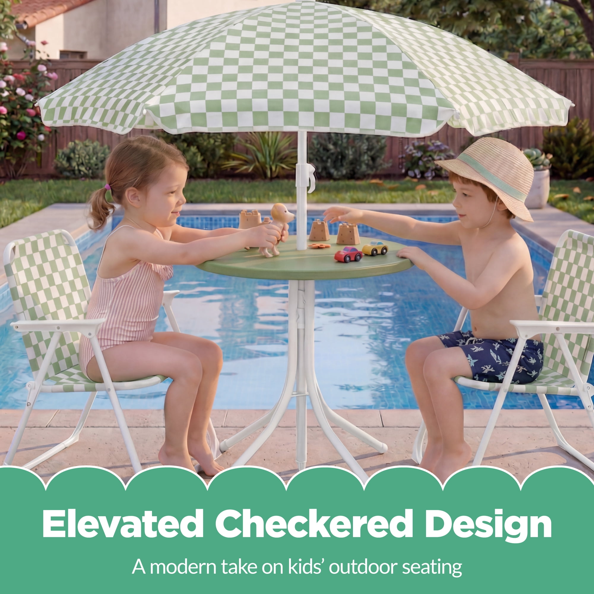 Best Choice Products Kids Outdoor Table and Chair Set with Umbrella, 3-Piece Foldable Toddler Picnic Set Ages 2-5 - Sage