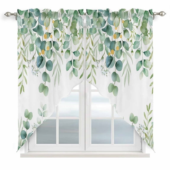 Sage Green Eucalyptus Leaves Swag Valances for Windows, Kitchen Curtains 36 Inch Length 2 Panels Set, Spring Summer Botanical Short Curtains for Small Windows Rod Pocket Cafe Curtains Drapes 28"x36"