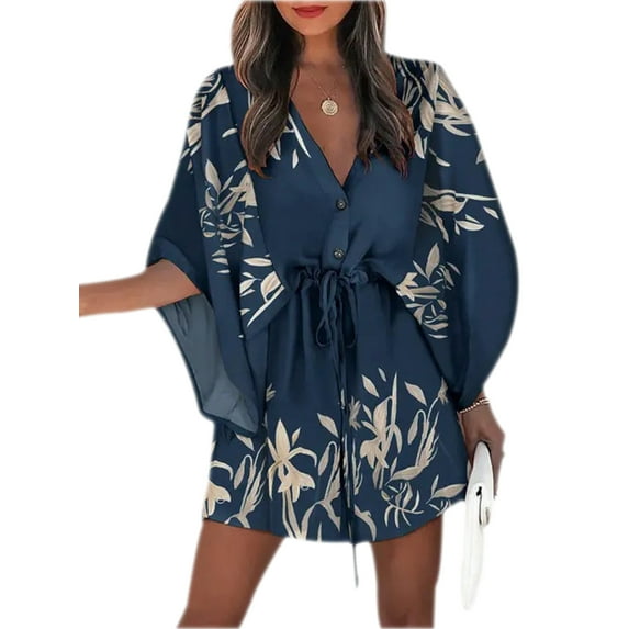 hirigin Women Summer Bat Sleeve V-neck Lace-up Short Dress Casual VacationFloral Irregular Print Button Chest Elastic Waist Loose Dress