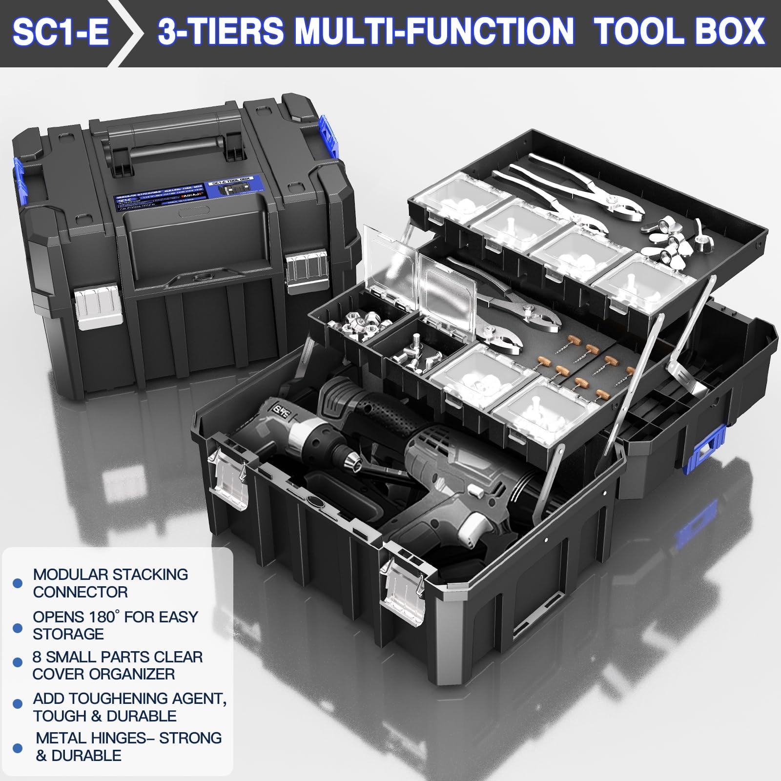 Heavy-Duty 4-Tier Stackable Rolling Tool Box with Clear Top Lid & Drawers, Modular Tool Storage Organizer System on Wheels for Garage & Home Repair