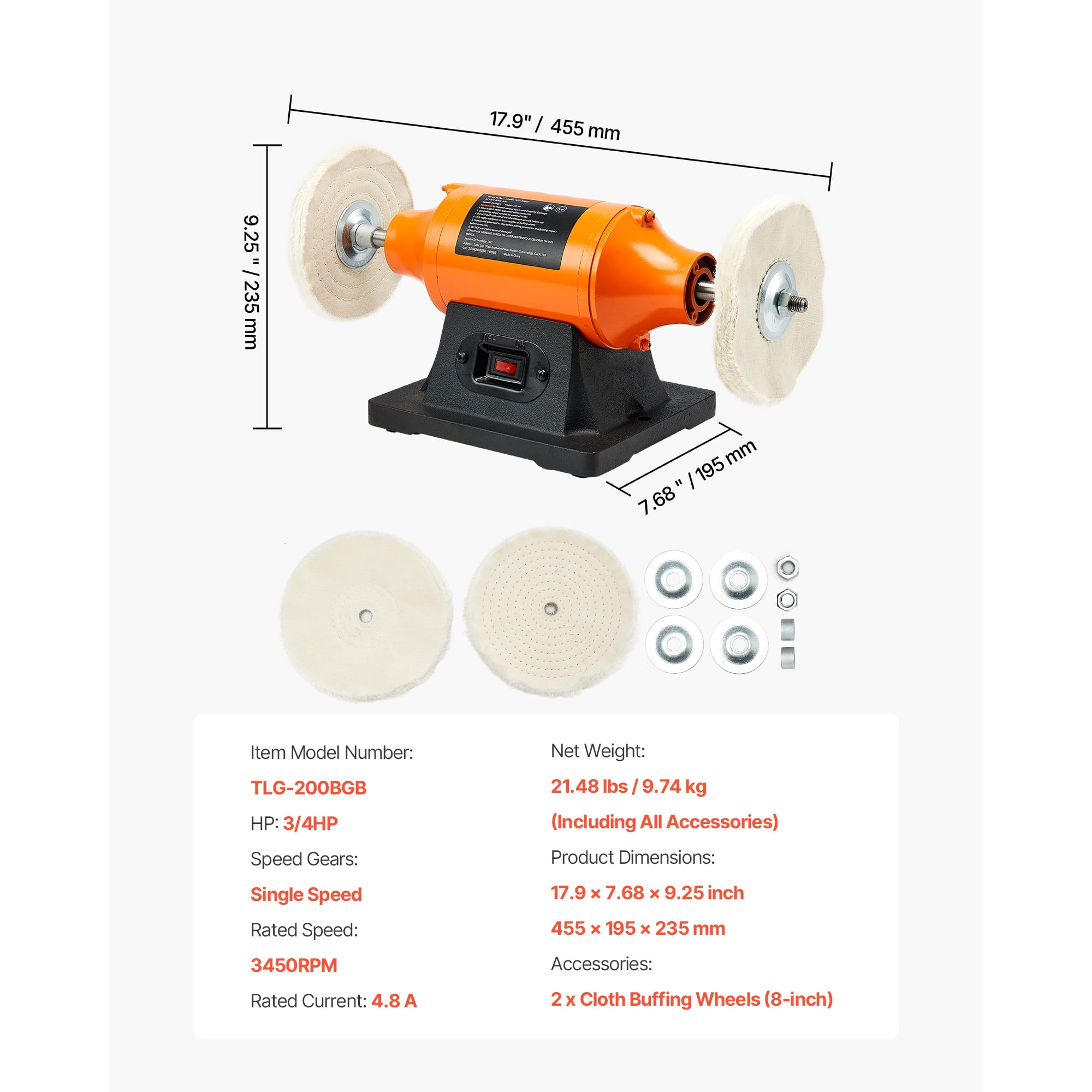 KFFKFF 3/4HP Bench Buffer Polisher, 8-inch Polishing Machine, 3450RPM Single Speed Benchtop Tool with 2 Cloth Wheels & Durable Cast Iron Base for Metal, Jewelry, and Wood Finishing