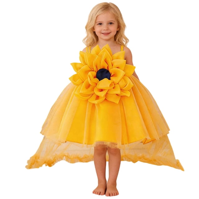 Rhuody Robe pour Fille Sans Manches Robe de Fête d'Anniversaire Robe Fleurie Col Rond Robe de Fête Dansante Tenue Mode 6-9 Mois Jaune
