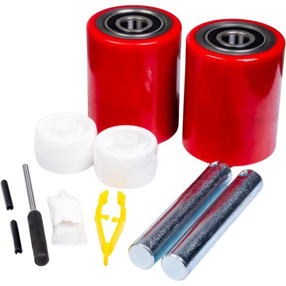 Pallet Jack/Truck Load Wheels Full Set with Axles and Entry Exit Roller 3" x 3.75" with Bearings ID 20mm Poly Tread Red with Installation Tool Kit