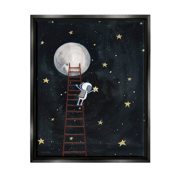 Stupell Industries Astronaut Hanging Stars Outer Space Ladder to Moon Jet Black Framed Floating Canvas Wall Art, 16x20, by Rachel Nieman
