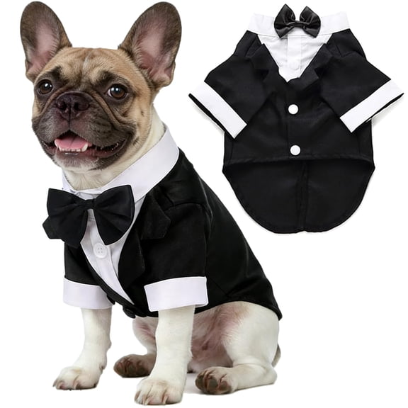 mirlewaiy Dog Shirt Puppy Clothes, Pet Wedding Suit Formal Tuxedo with Black Bow Tie, Pet Outfit for Small Medium Dogs Cats, Pet Weding Attire Dress Up Cosplay Prince Costume Gentleman Apparel