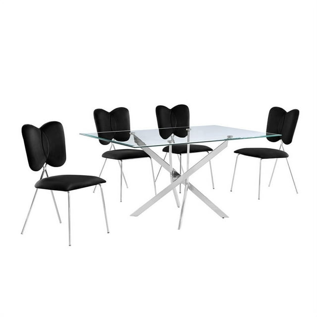 Rectangle 60" x 38" 5pc Clear Glass Dining Set with Black Chairs
