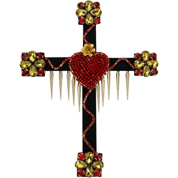 1 Pieces Big Cross Patches Handmade Rhinestones Heart Patches Fringe Applique Sew on Patches for Bags Clothes DIY Decorated