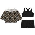 thumbnail image 3 of TiaoBug Kids Girls 3 Pcs Gymnastics Dance Sport Tracksuit Cross Back Vest with Shorts and Hooded Crop Top Set B Leopard 10, 3 of 5