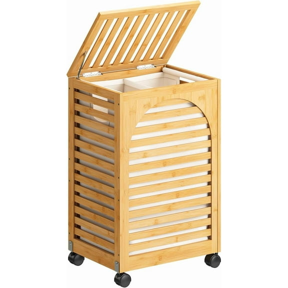 Laundry Hamper with Wheels, Laundry Basket with Lid, 22.5Gallon (85L) Bamboo Wood Clothes Laundry Hamper 2 Section with Handles, Removable Liner