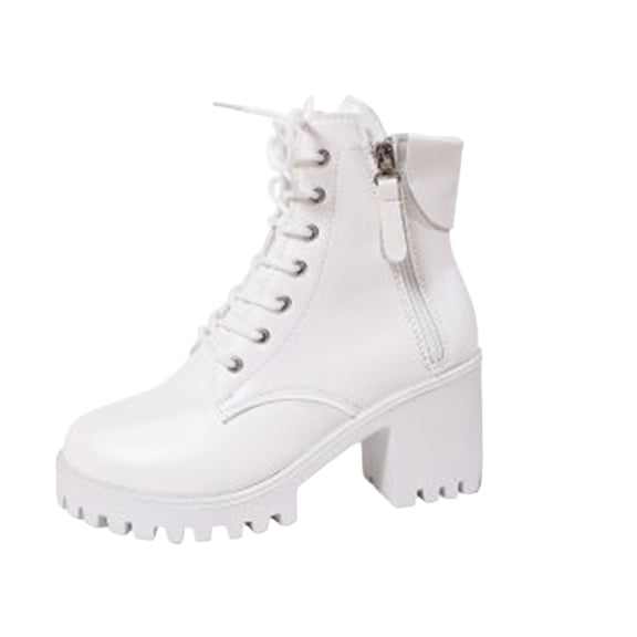 EKVAHL Women's Platform Ankle Boots, Lace‑Up Lug Sole Booties, Side Zipper Chunky Heel Walking Boots for Street Party White