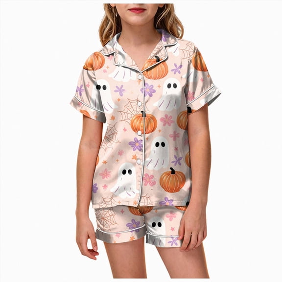 Leey-World Toddler Halloween Pjs Girls Pajama Set Short Sleeve Button Down Satin Girls PJS Kids Sleepwear Summer Nightwear Loungewear Set