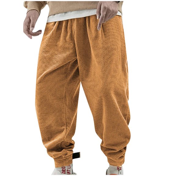 Diufon Men's Casual Corduroy Pants Drawstring Waist Wide Leg Cropped Pant Fall Winter Warm Trousers with Pockets
