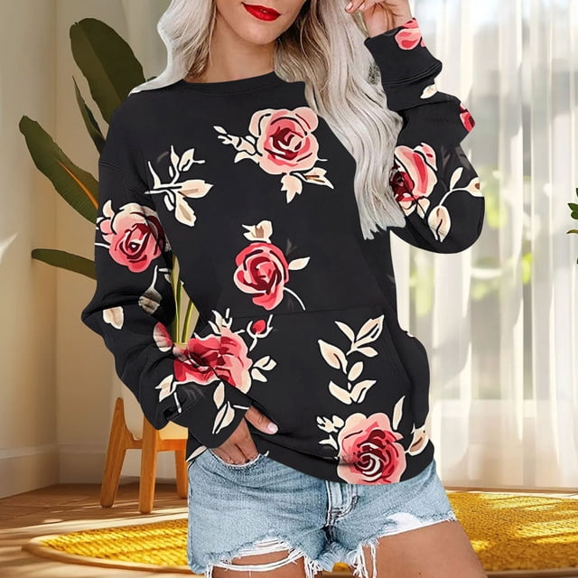 Ailaofu Womens Casual Crewneck Sweatshirt Long Sleeve Tops Cute Pullover Loose Fit