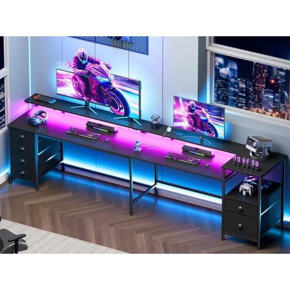 Furologee 95" Two Person Computer Gaming Desk, Long 2 Person Home Office Desk with 6 Drawers & Storage Shelves, Double Table with Power Outlets, LED Lights and Full Monitor Shelf, Black