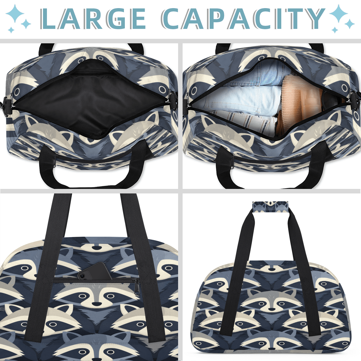Herdesigns Raccoon Sports Duffle Bag for Women & Men, Cute Gym Bag Dance Bag Overnight Bag Carry On Weekender Travel Bag