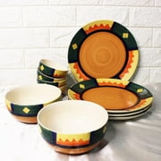 Boho Fiesta Hand Painted Ceramic Dinner Set - 10 Pieces | 4 Dinner Plates + 4 Katori Serving Bowls, 180ml Each+ 2 Serving Bowls, 800ml Each Dinnerware Set | Serving For 4, Microwave Safe